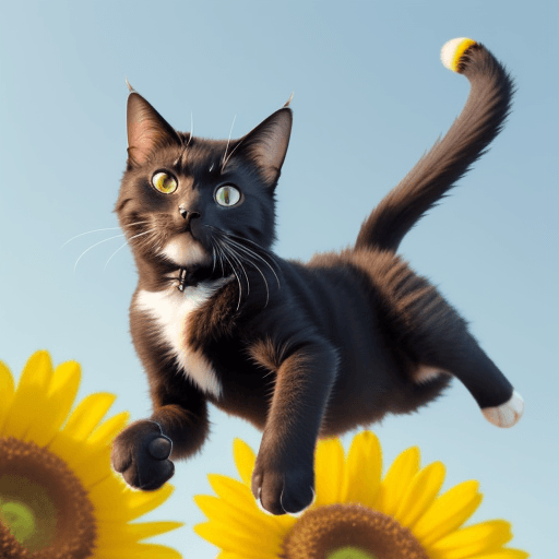 AI generated: a photo of a bumblebee cat hybrid with a cat head and a bumblebee body, flying in the air, nature ph...