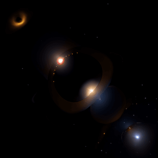 AI generated: Black hole with a luminesant golden event horizon and small white, red and blue stars in the backgro...