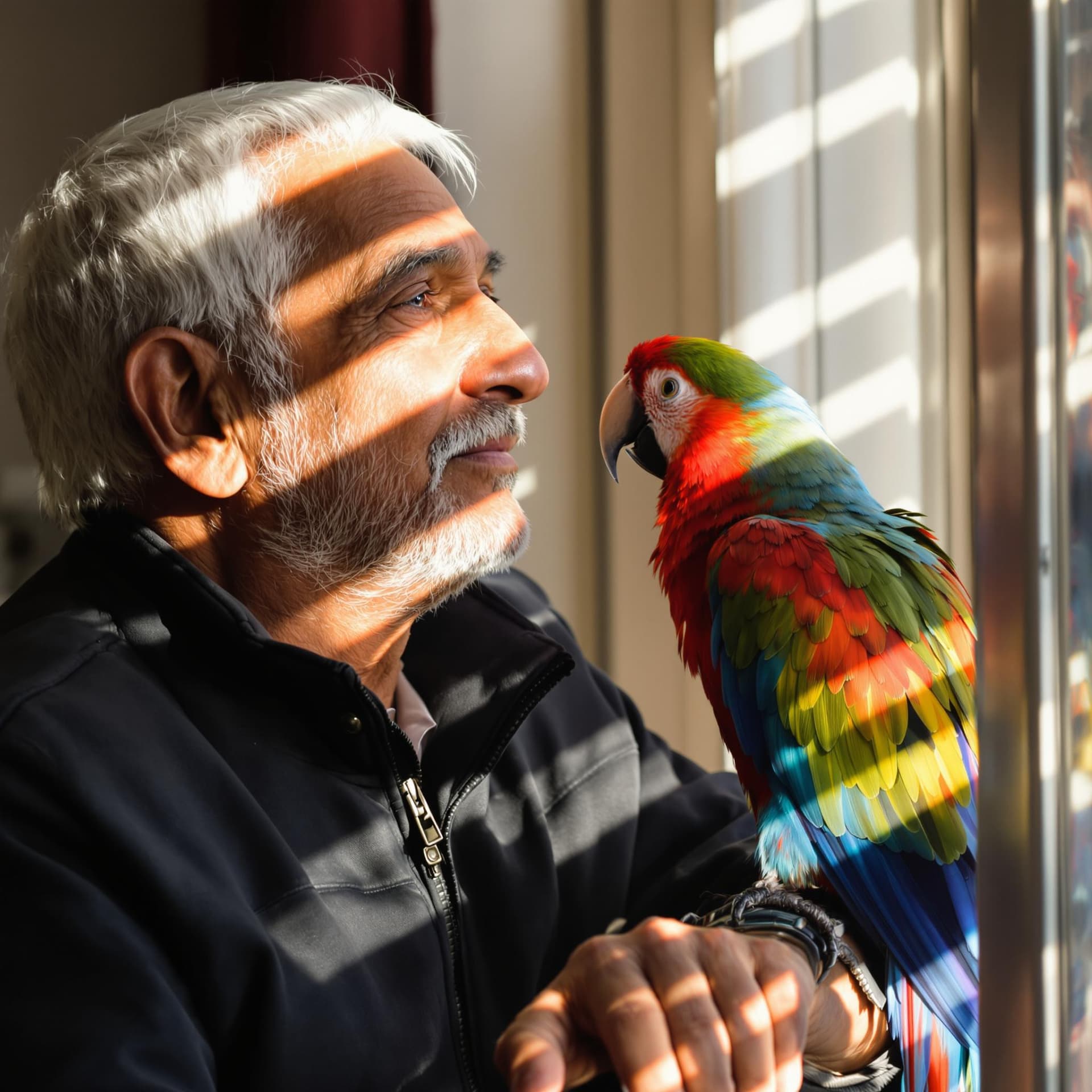 AI generated: The image features an elderly Indian man with white hair, wearing a dark jacket, standing closely be...