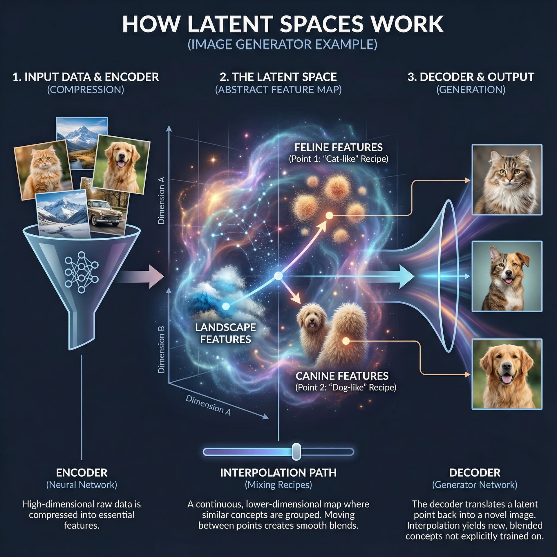 AI generated: Create an Infographic explaining how latent spaces work, use an image generator as an example
