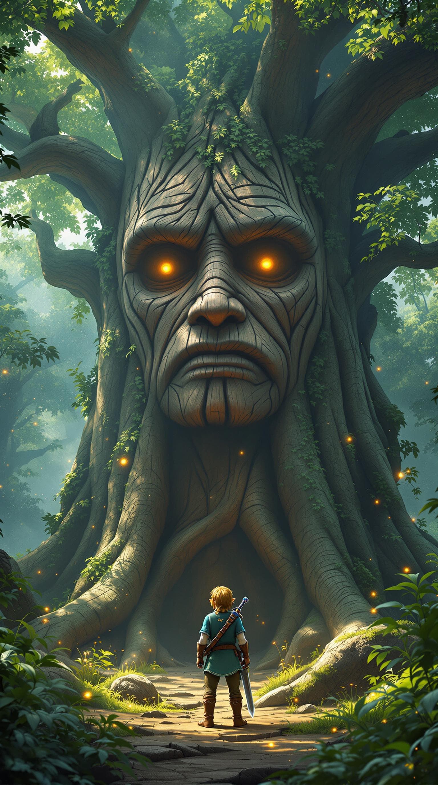 AI generated: Create a hyper-realistic scene of Link standing before the Great Deku Tree in a mystical forest. The...