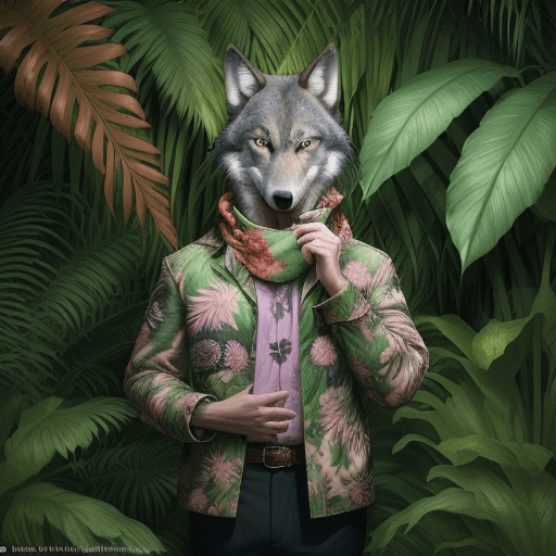 AI generated: a wolf wearing a jacket and a scarf and a Hawaiian floral shirt, in a jungle setting, with plants an...
