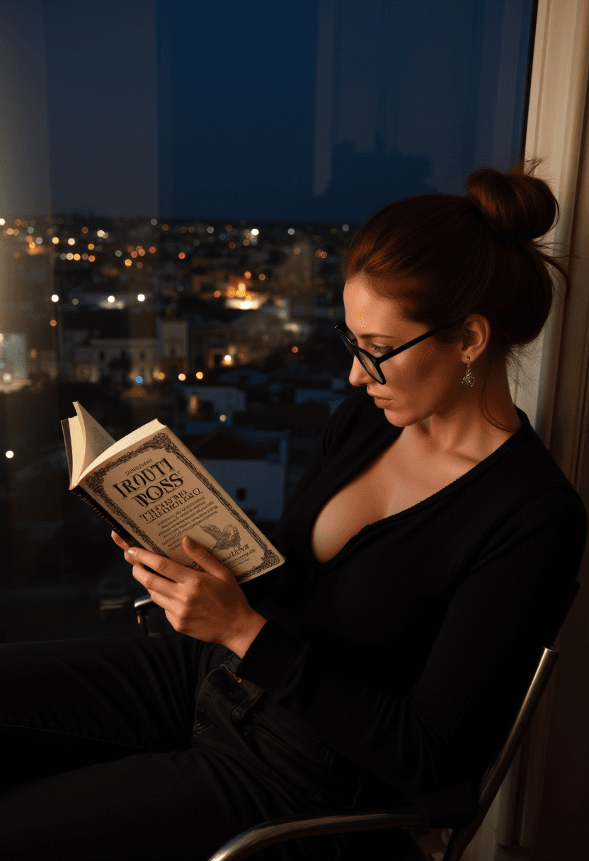AI generated: a woman sitting in a chair next to a window with a view of a small city at night, reading a classic ...