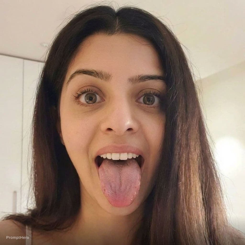 AI generated: Edit this by decreasing her tongue length a bit slightly long realistic but maintaining the original...