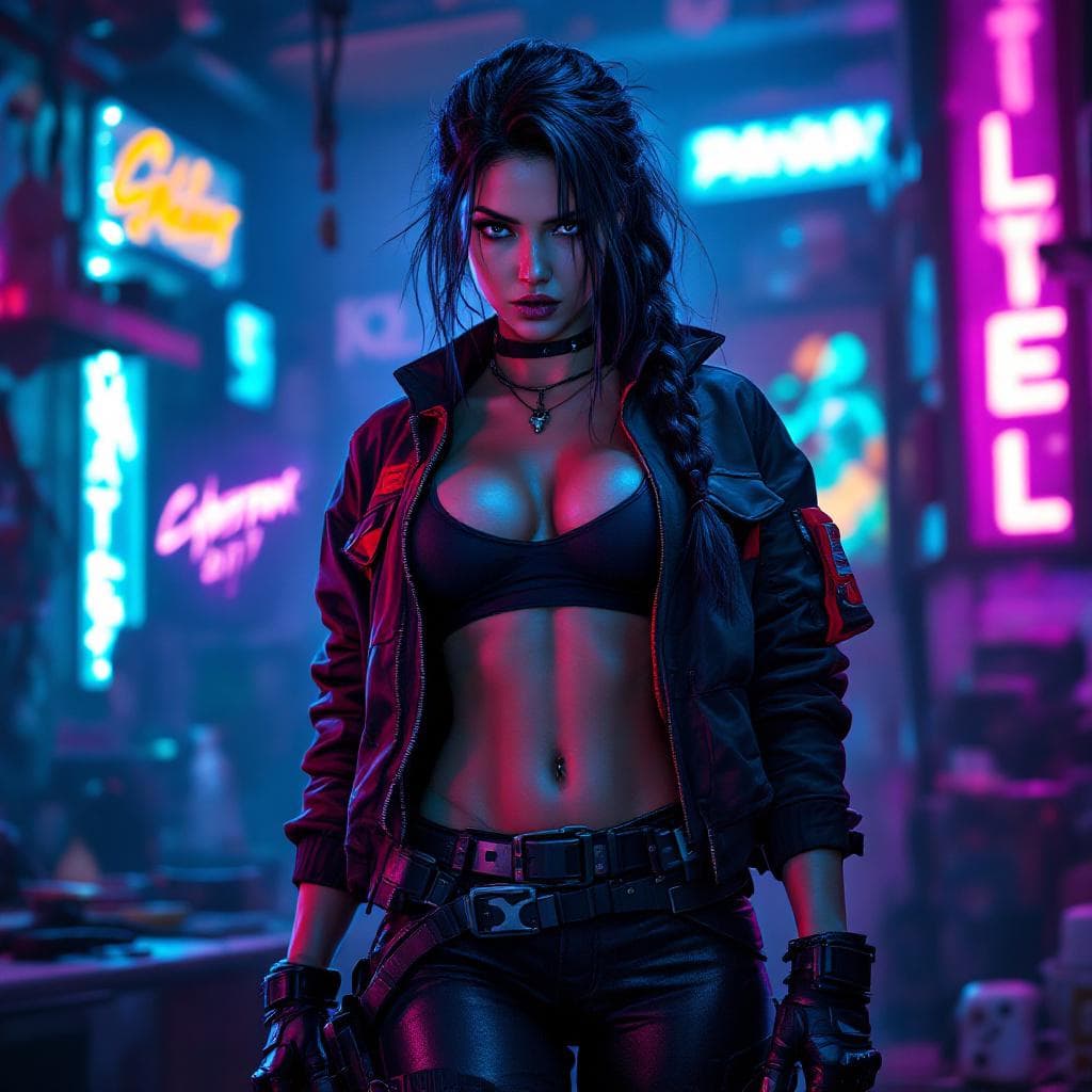 AI generated: A hyper-detailed, cinematic portrait of Panam Palmer from Cyberpunk 2077 in a neon-lit cyberpunk roo...