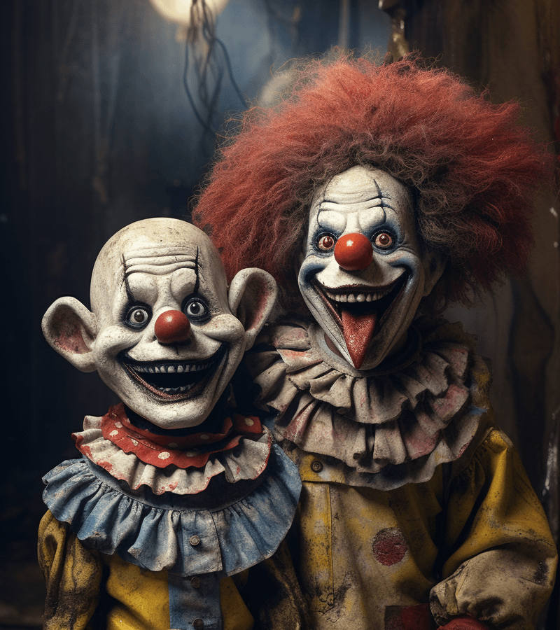 AI generated: Dialogue between a scary clowns, background old circus, with creepy toys, mystical atmosphere, scary...