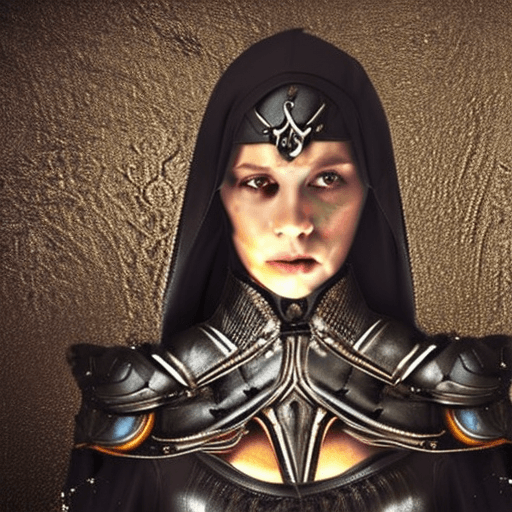 AI generated: Hyper realistic eye level photo girl in dark armor in elven style on a dark background, dark armor, ...