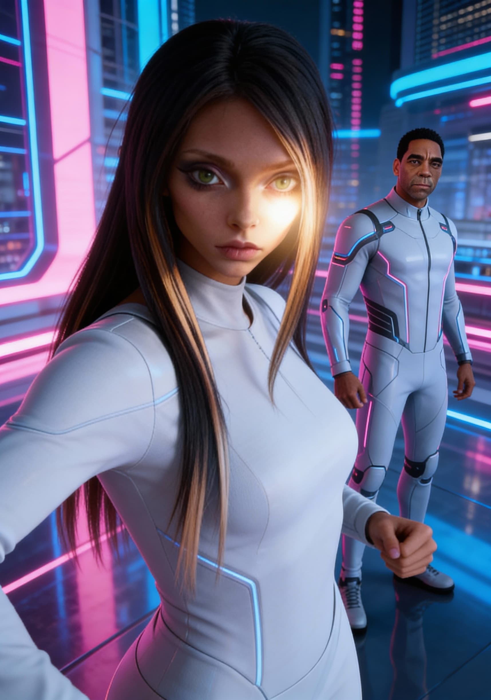AI generated: Take the character from reference image one and pose her as athoritive, a woman with passion. Place ...