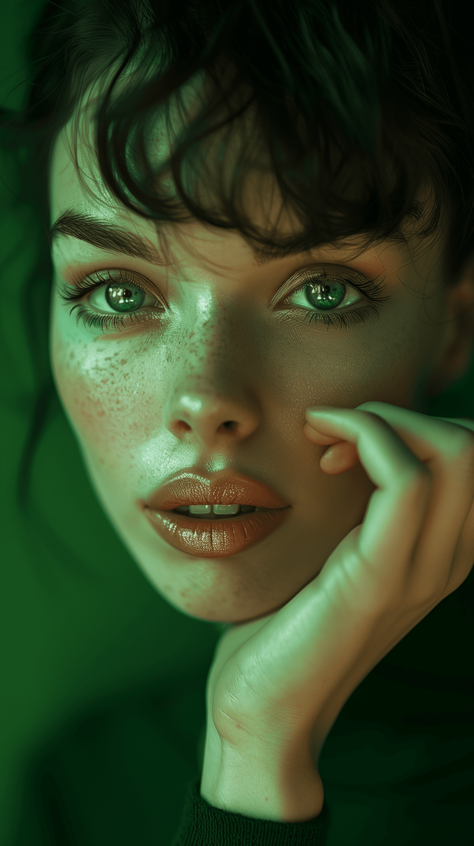 AI generated: photography, front shot, upper-body, woman model, gaze, contrast, green hue, solid deep green backdr...