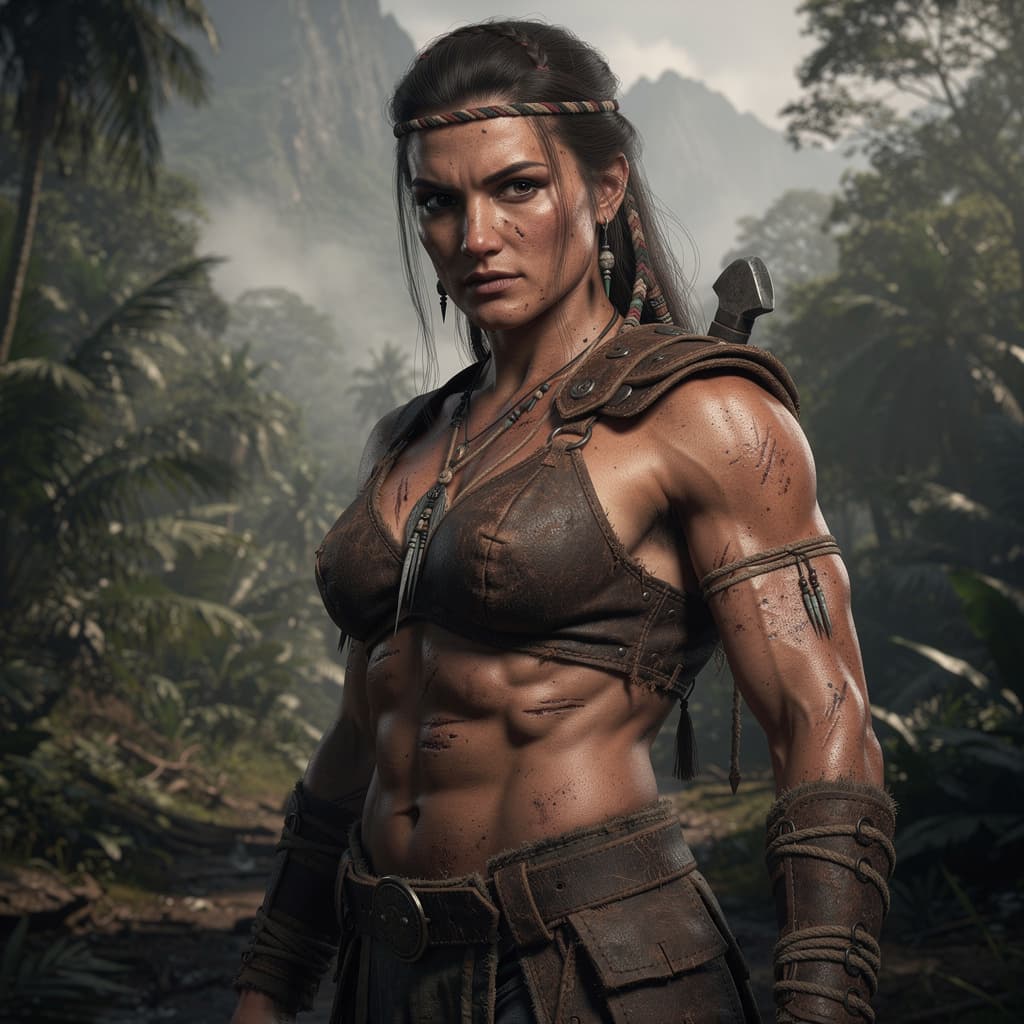 AI generated: Amazon, Her body remains strong and athletic, muscular arms, defined abs, resilient physique shaped ...
