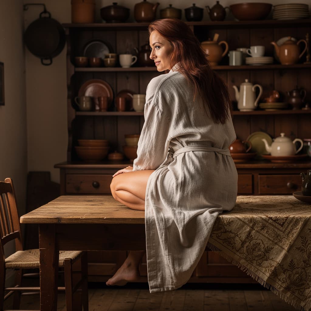 AI generated: Create a photorealistic image of a fit, nude adult woman sitting on a table in an old-fashioned kitc...