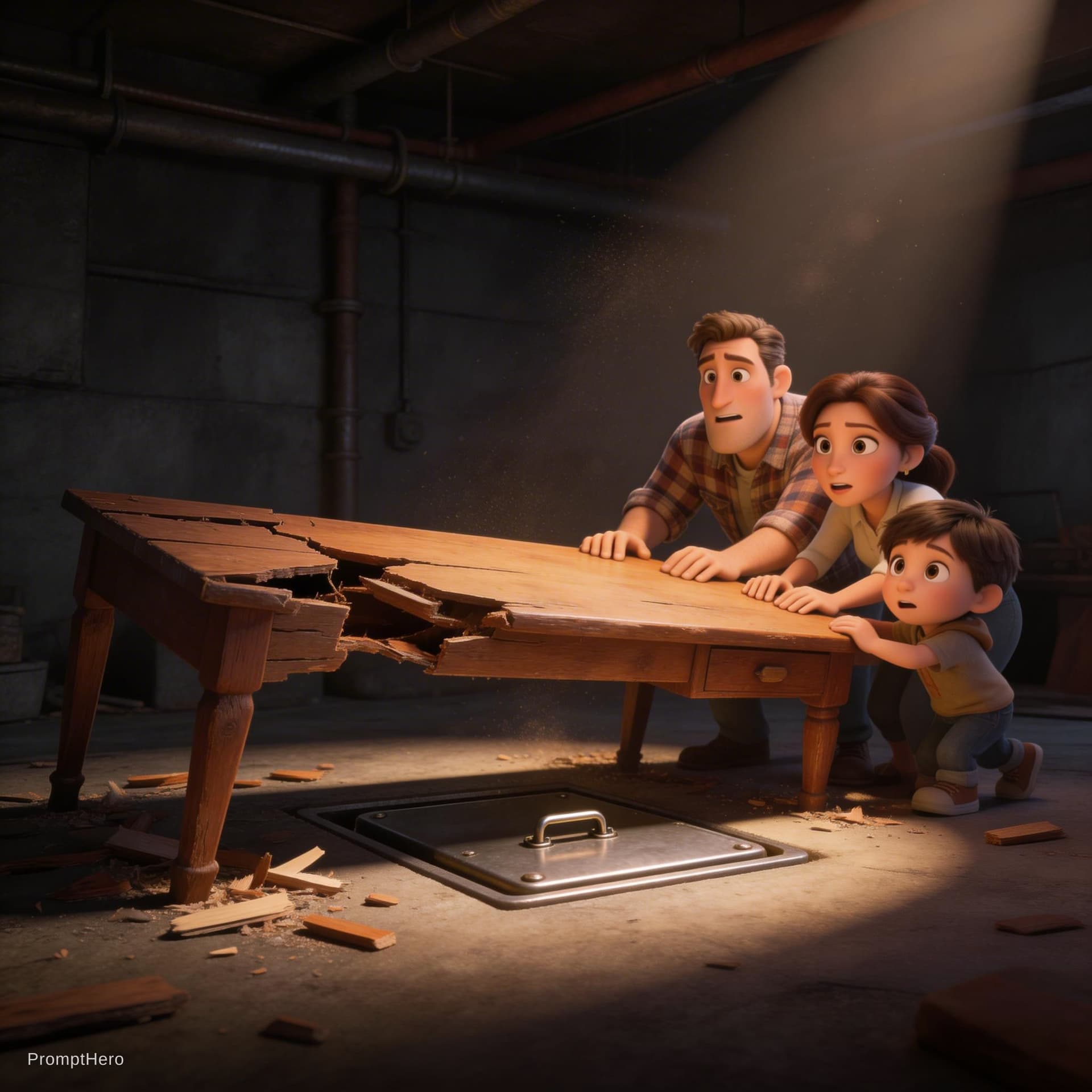 AI generated: A broken vintage wooden desk in a dark basement, the family pushing the desk aside to reveal a myste...
