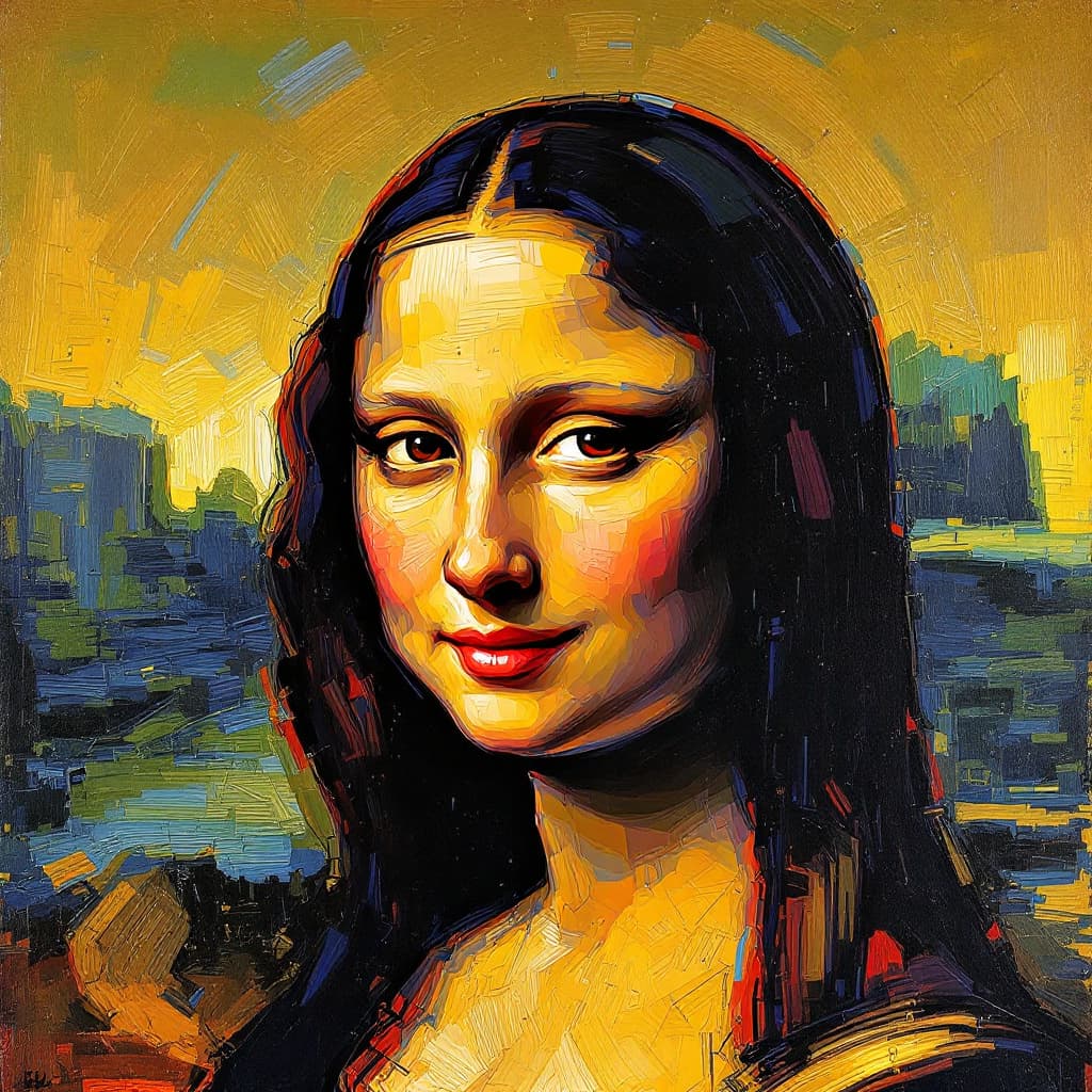 AI generated: oil on canvas, impressionist tendencies, painting of Mona Lisa natural lighting, and warm tones, in ...