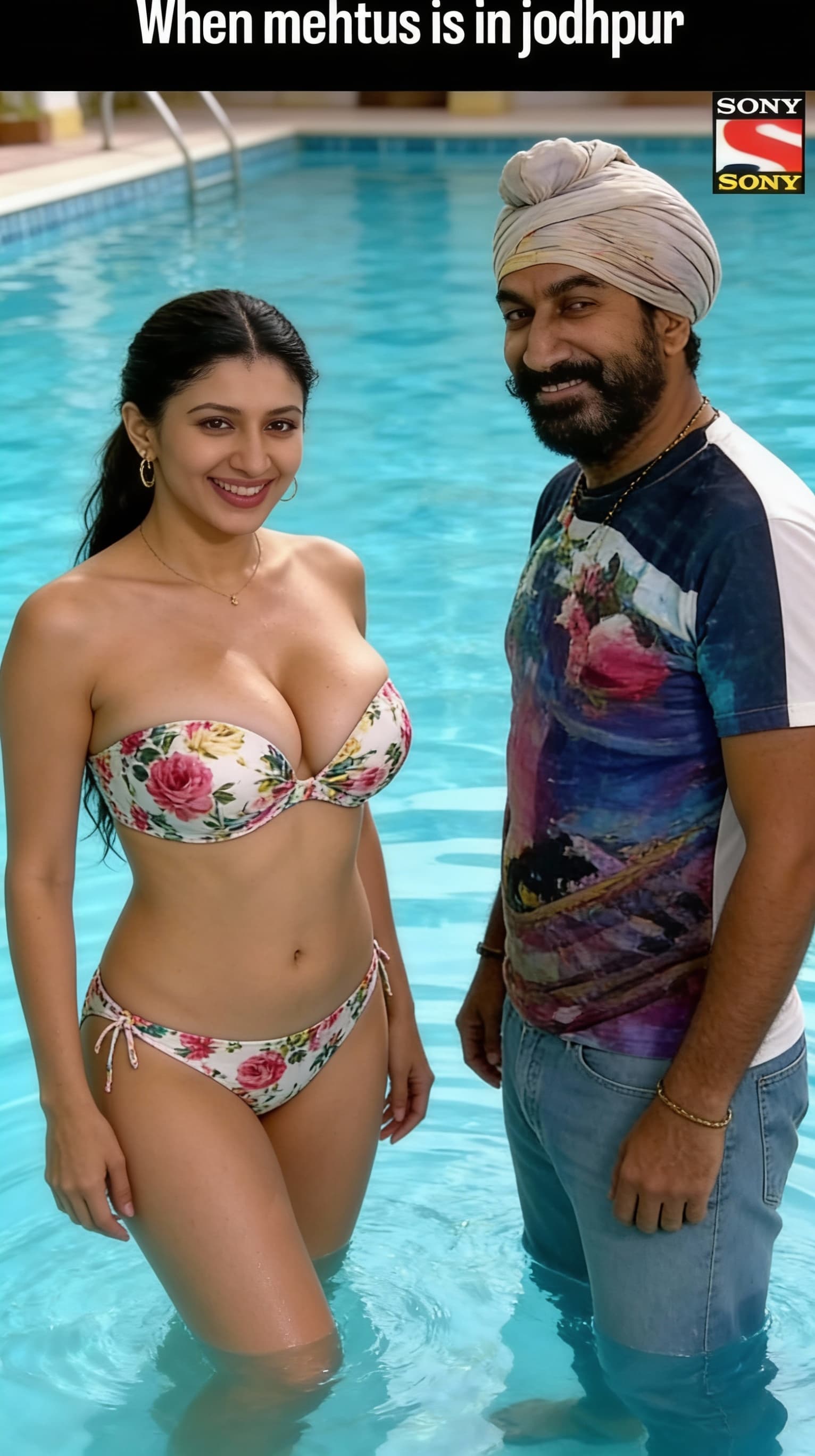 AI generated: The Women wearing a strapless floral print hot bikini bust size 36d and standing in swimming pool wi...