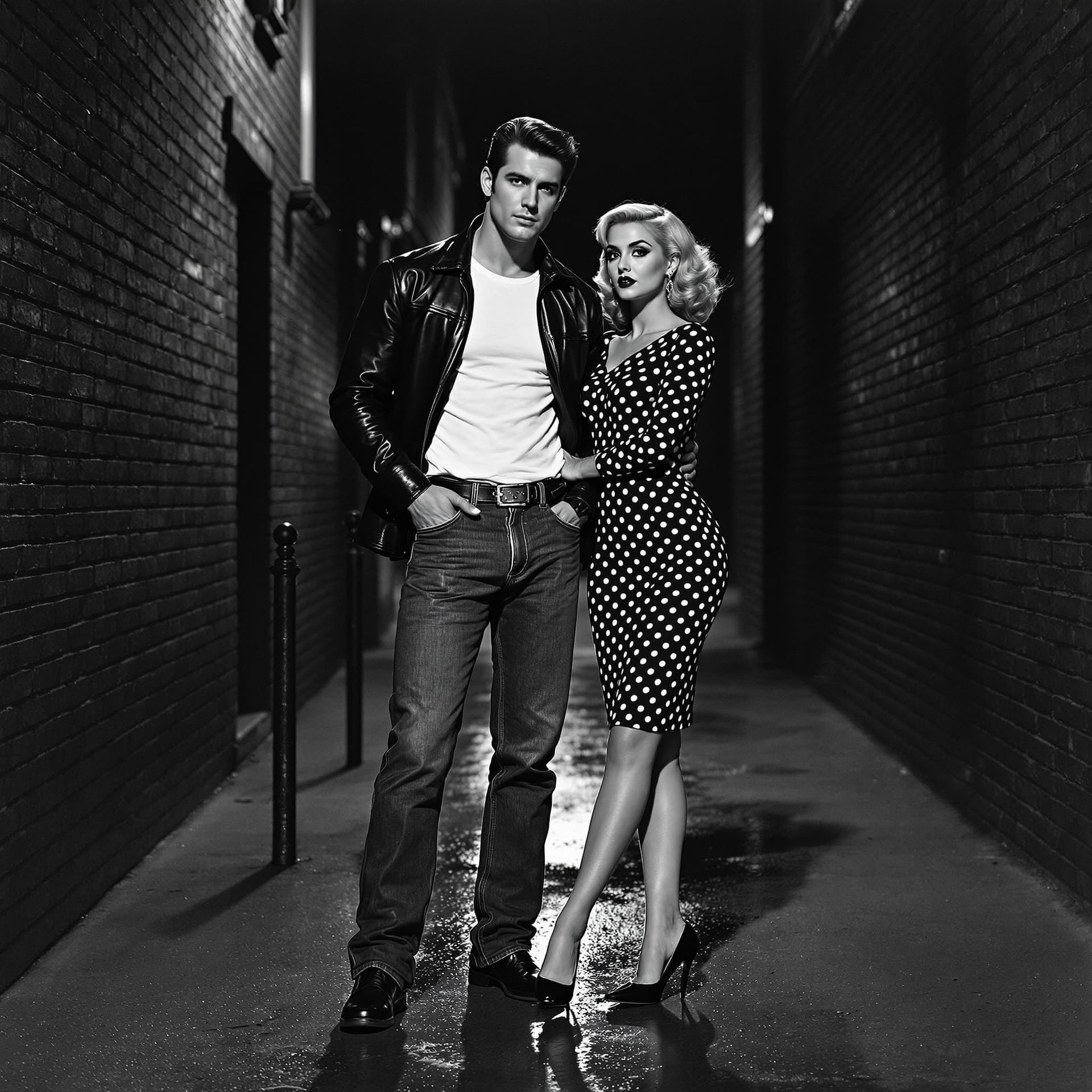 AI generated: "Depict a black-and-white 1950s action movie scene, photographed in the style of vintage film camera...