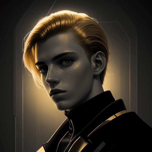 AI generated: A portrait of young moody man in a futuristic style, monochromatic, golden lighting, nostalgic and d...