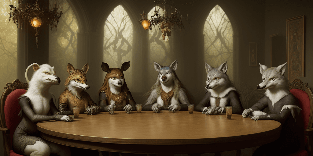 AI generated: a group of people sits around a large table in a costume, in the style of realistic animal portraits...