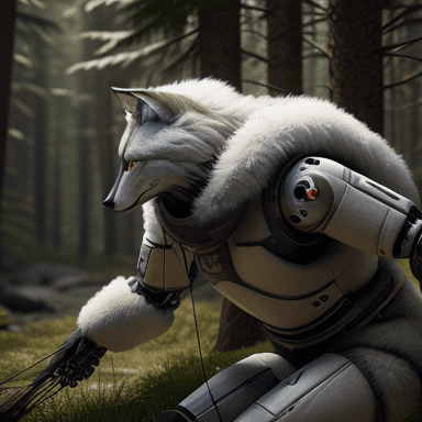 AI generated: Photo of a ultra realistic robot covered with wolf fur and hunting with a bow in the forest. Unreal ...