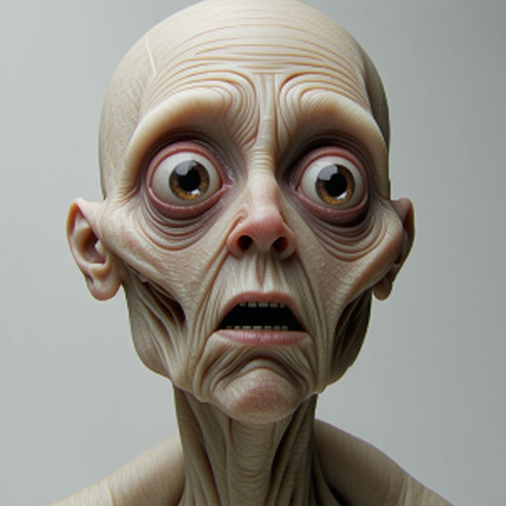 AI generated: unsettling barely-human thing looks directly into camera, hyper realistic