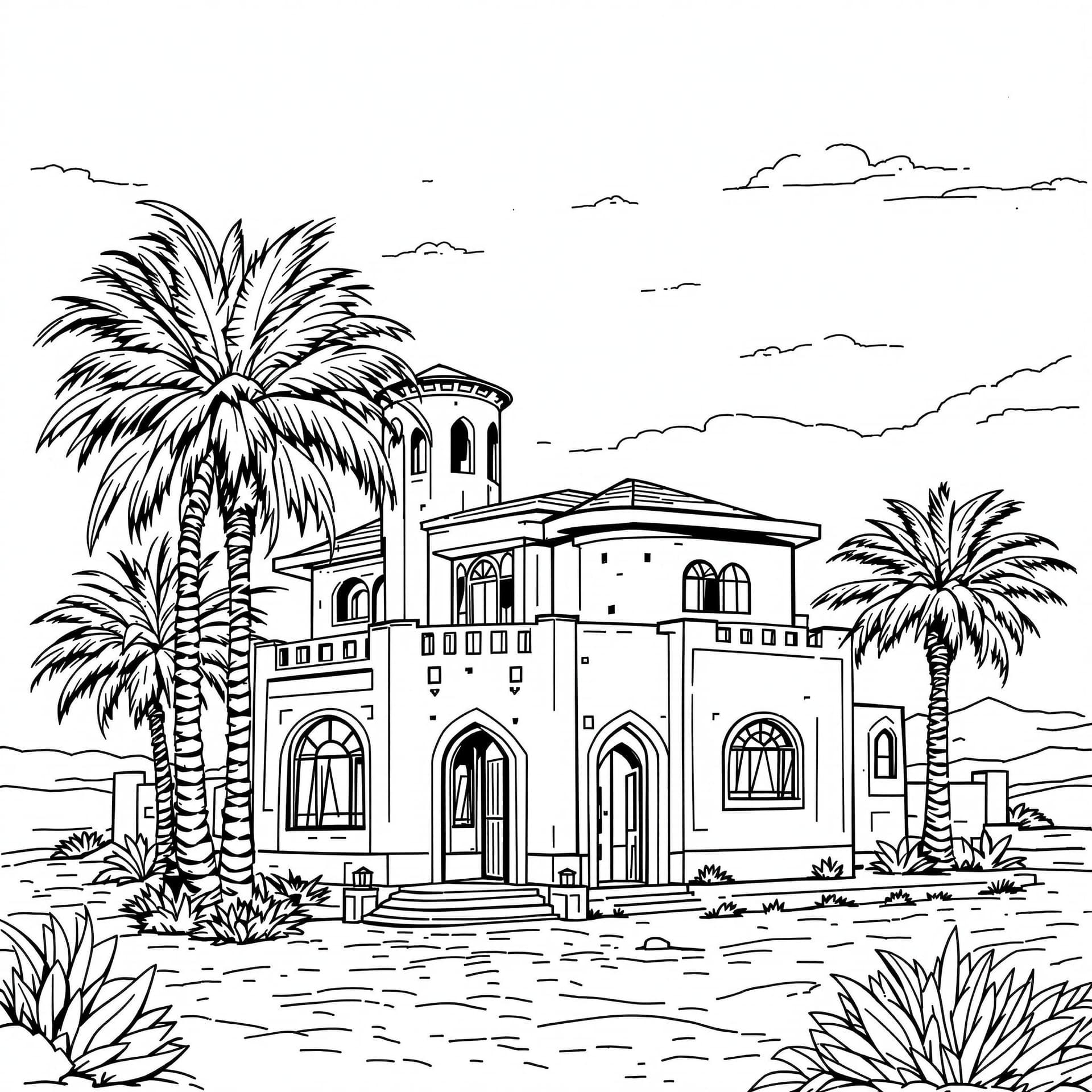 AI generated: Generate a only black and white line clip art without shading  comic of an abstract arab gulf house ...