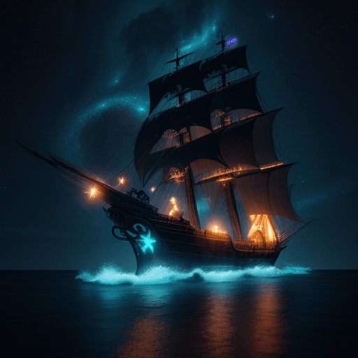 AI generated: (Pirate ship sailing into a bioluminescence sea with a galaxy in the sky), epic, 4k, ultra,
