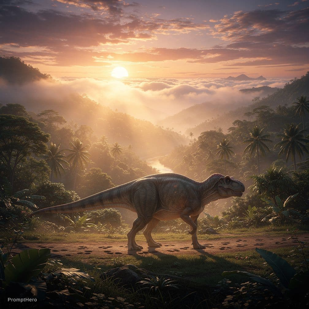 AI generated: a beautiful sunrise in mountain in tropical area. with a dinosaurus waling by


