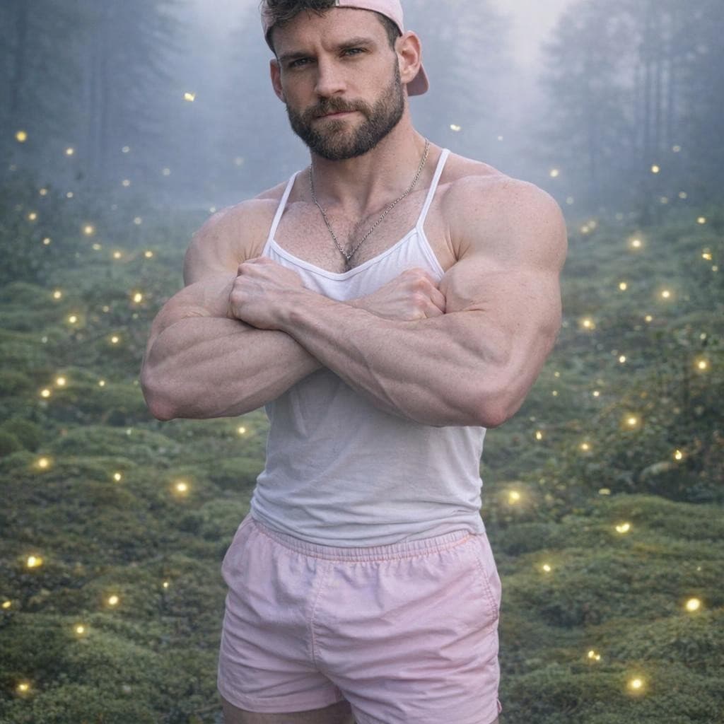 AI generated: Make this man standing in mossy field wearing light pink short shorts and a white thing strapped tan...