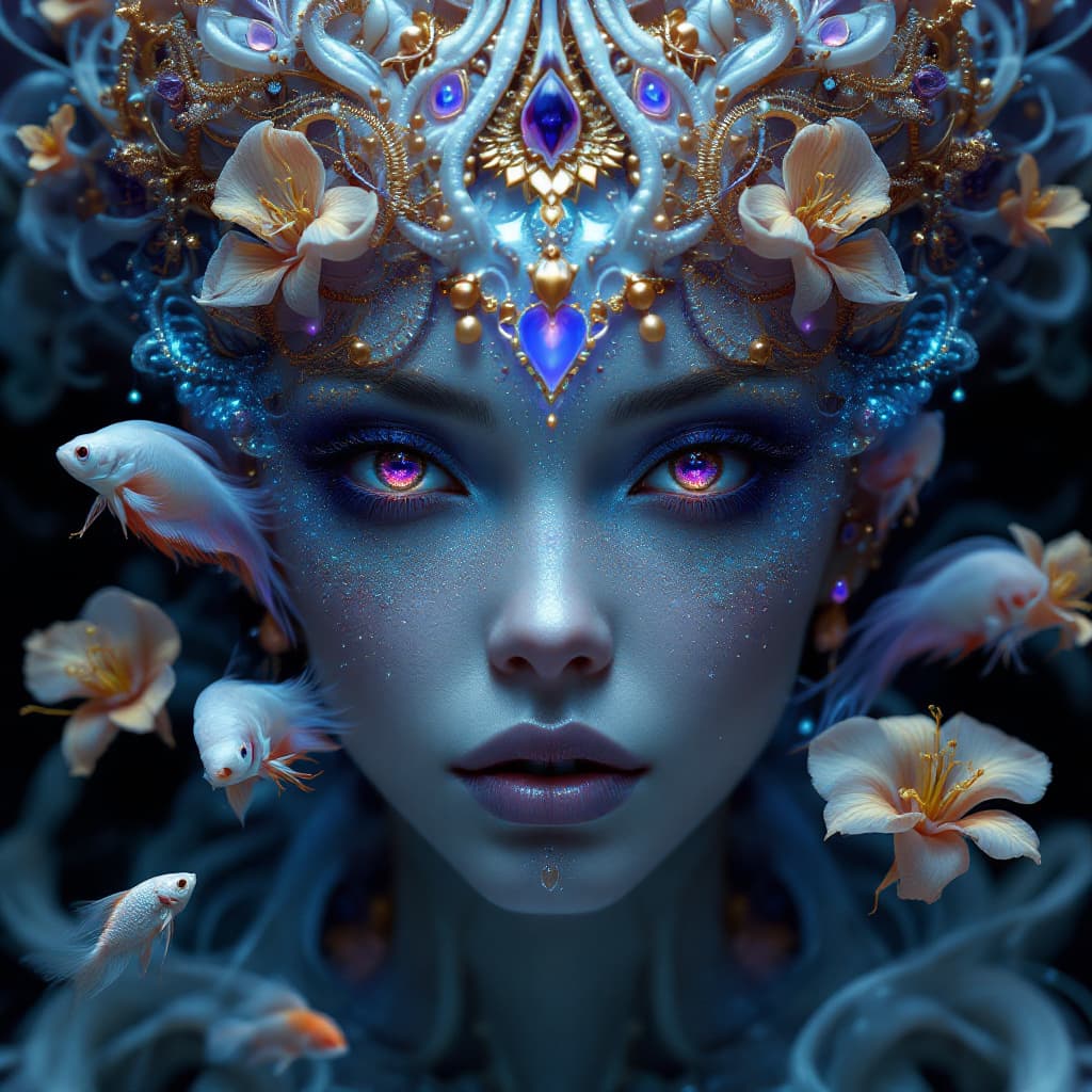 AI generated: Goddess close-up portrait ribcagel. jellyfish phoenix head, nautilus, orchid, skull, betta fish, bio...