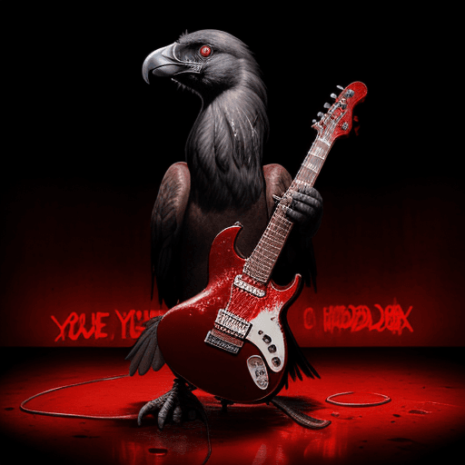 AI generated: hyperrealistic image of a black Condor, standing on a red electric guitar, in the background of the ...