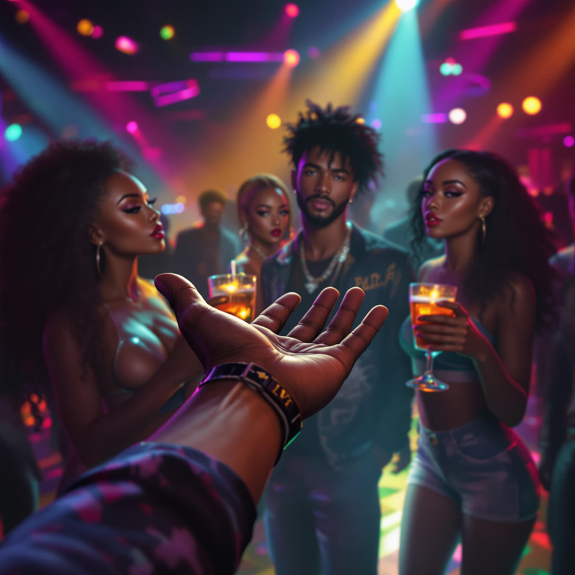 AI generated: an african american man's hand is out being offered to 3 very attractive african american of differe...
