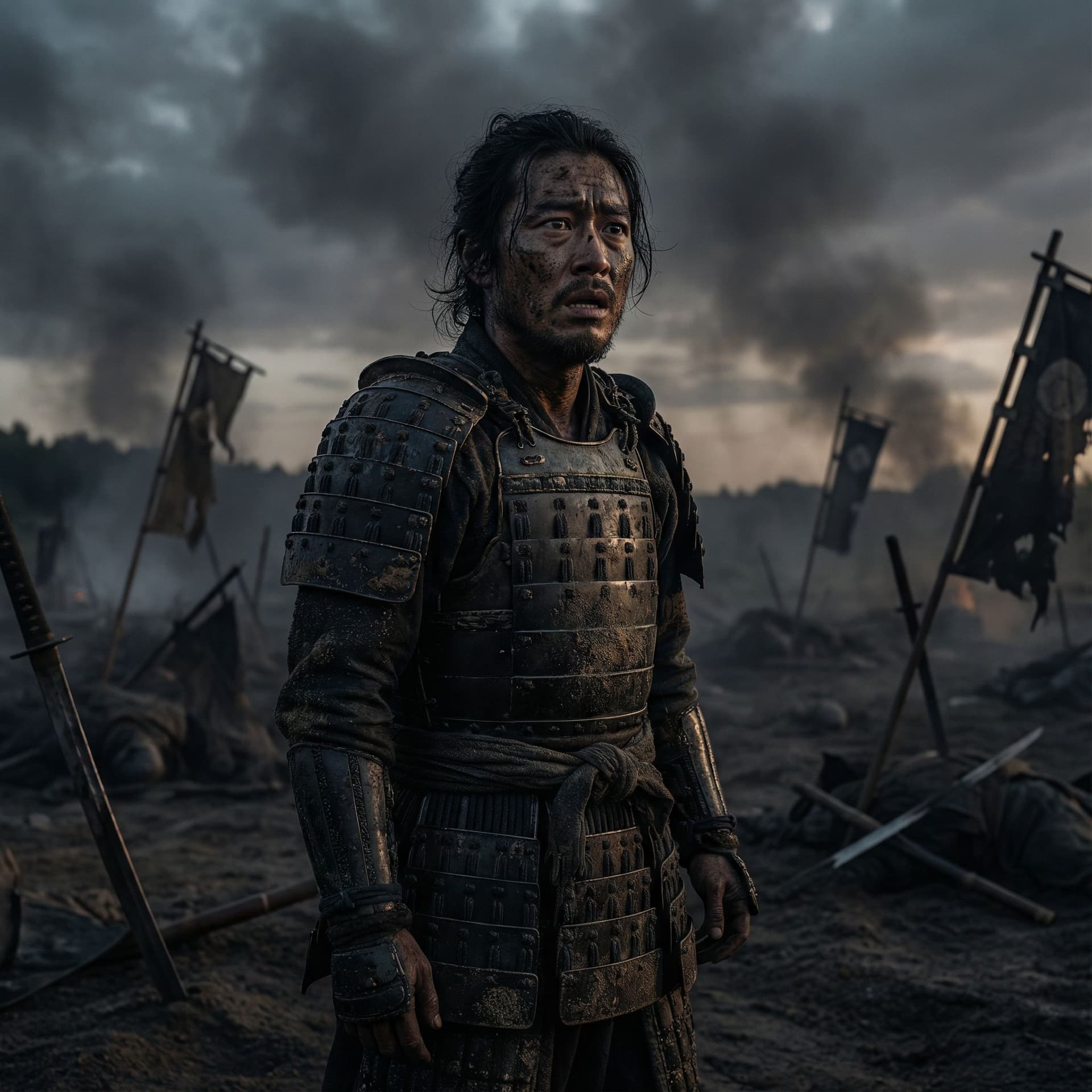 AI generated: Samurai looks at the enemy, stands after the battle, fear and horror on his face, tired and beaten, ...