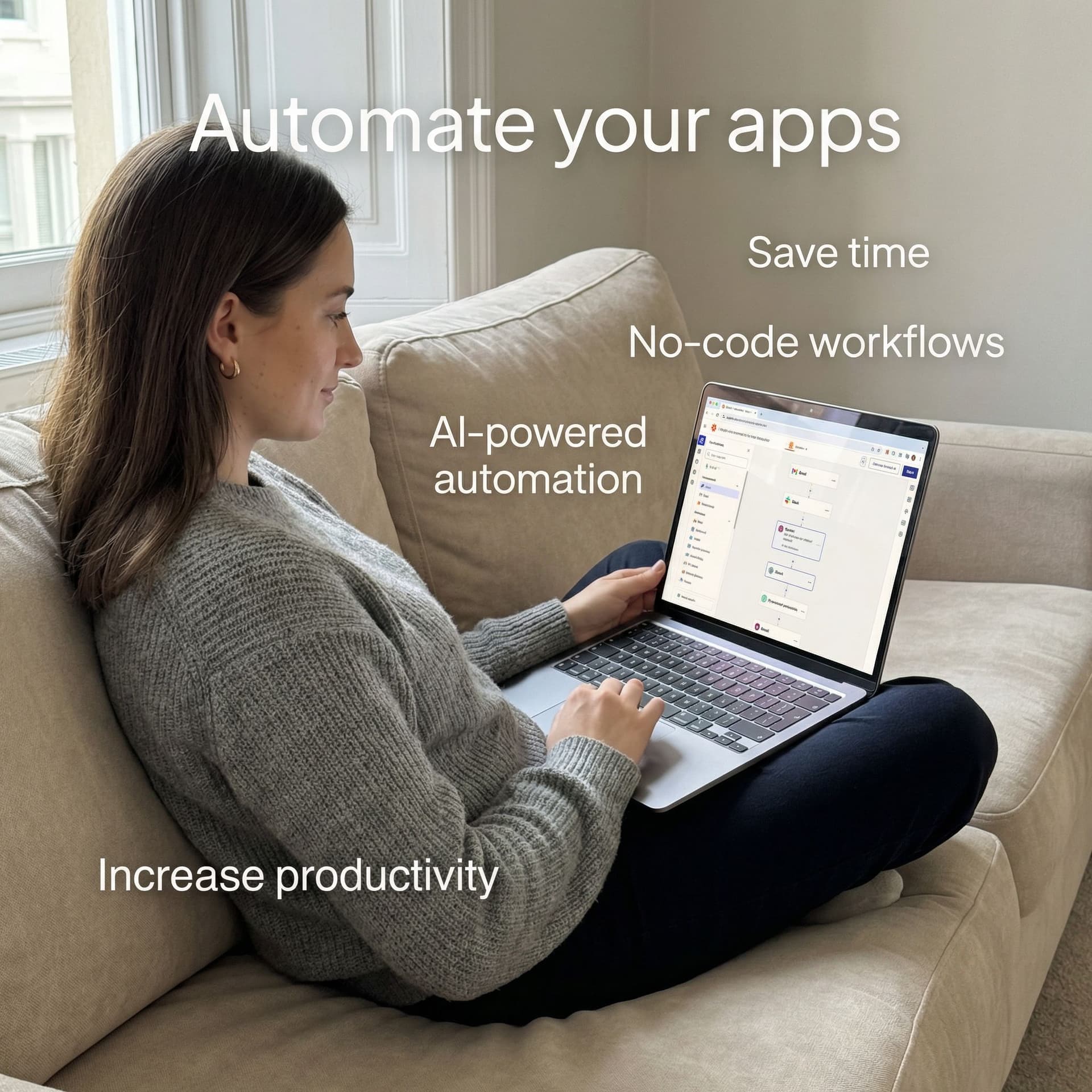 AI generated: Realistic iPhone-style photo of a North American woman in her late 20s sitting casually on a sofa in...