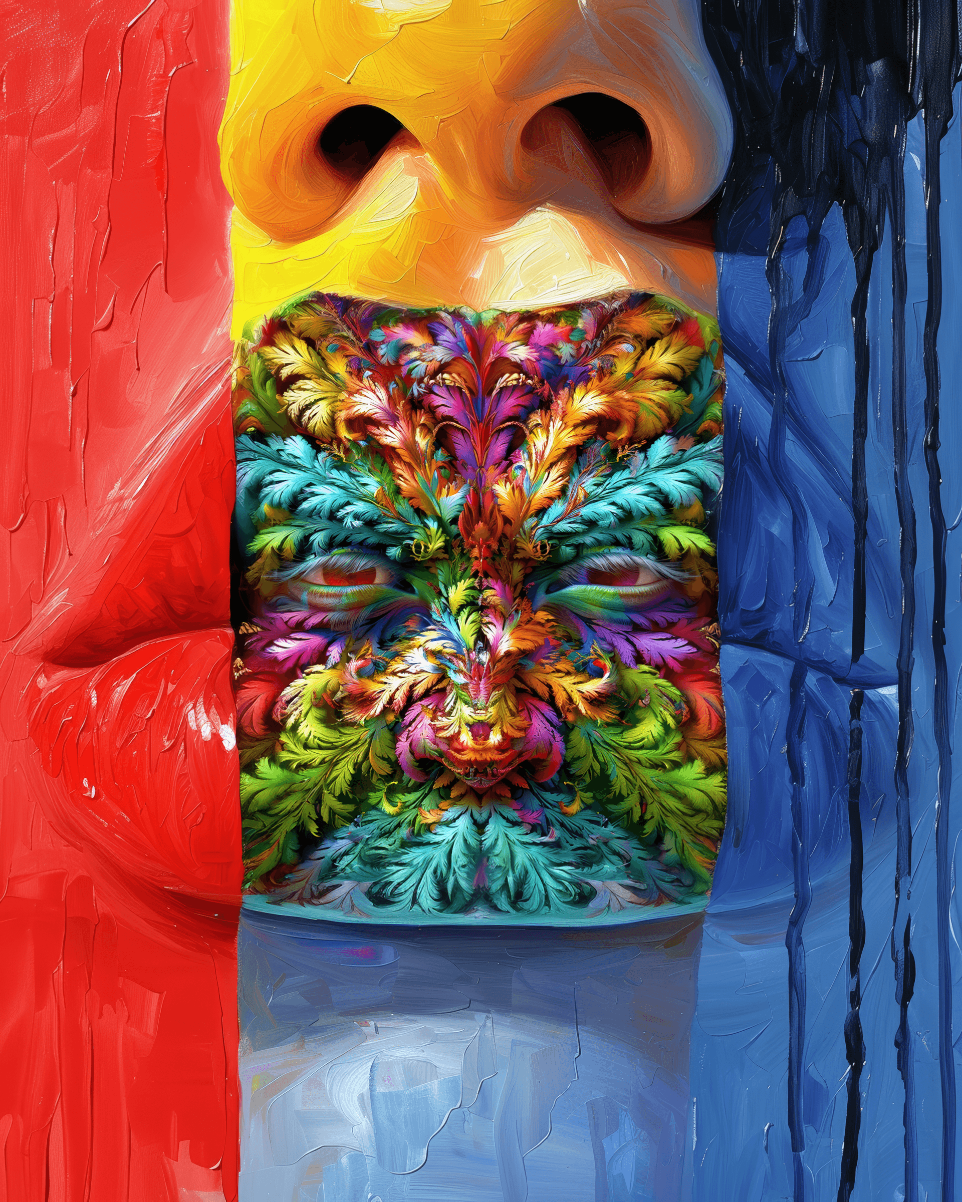 AI generated: psychedelic liquid painting, neon woman colors, green, blue cobalt, ruby red, orange, yellow, pink, ...