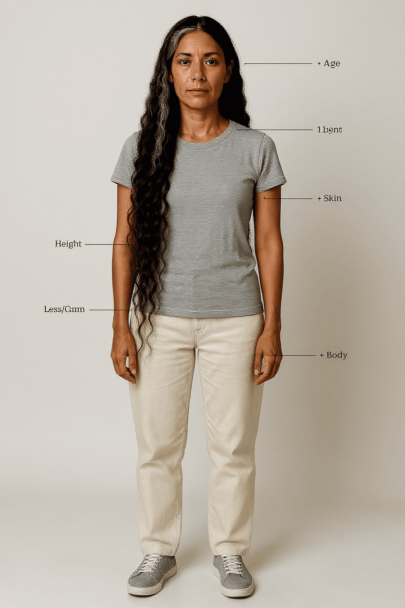 AI generated: [Main subject + age + ethnicity] + full body portrait + studio setting + detailed specs (height, pos...