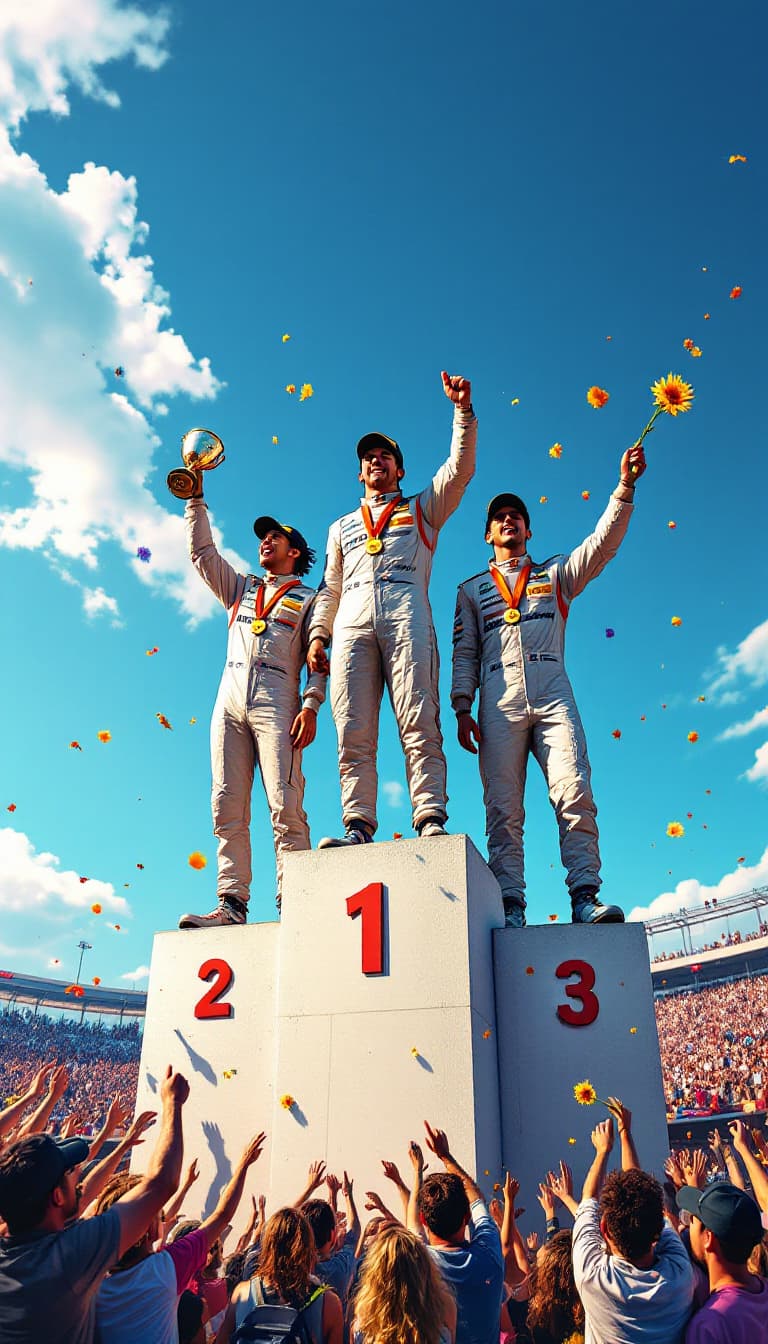 AI generated: Summer.      There are 3 racing drivers standing on the Pedestal. The winner stands at the highest l...