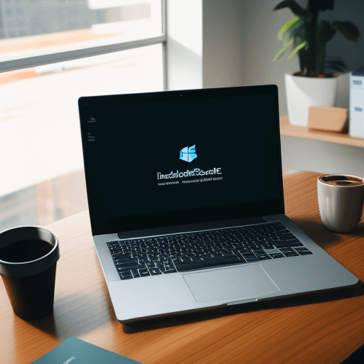 AI generated: Photo of a laptop on office table with a Windows PowerShell script displayed on the screen. A cup of...