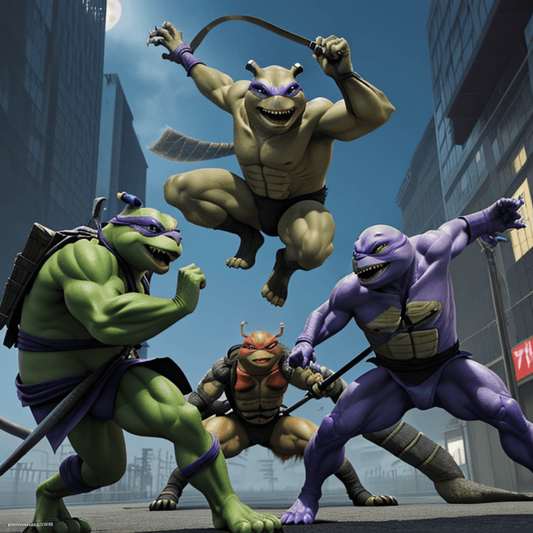 AI generated: ninja turtles figthing vs group of shinobis

