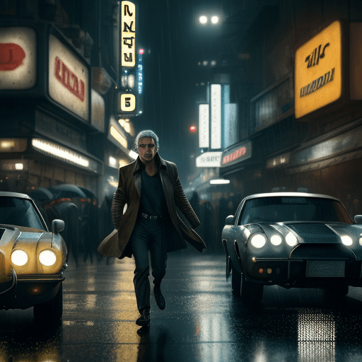 AI generated: Young Harrison Ford in blade runner, photo, light box, three point lighting, film grain, epic movie ...
