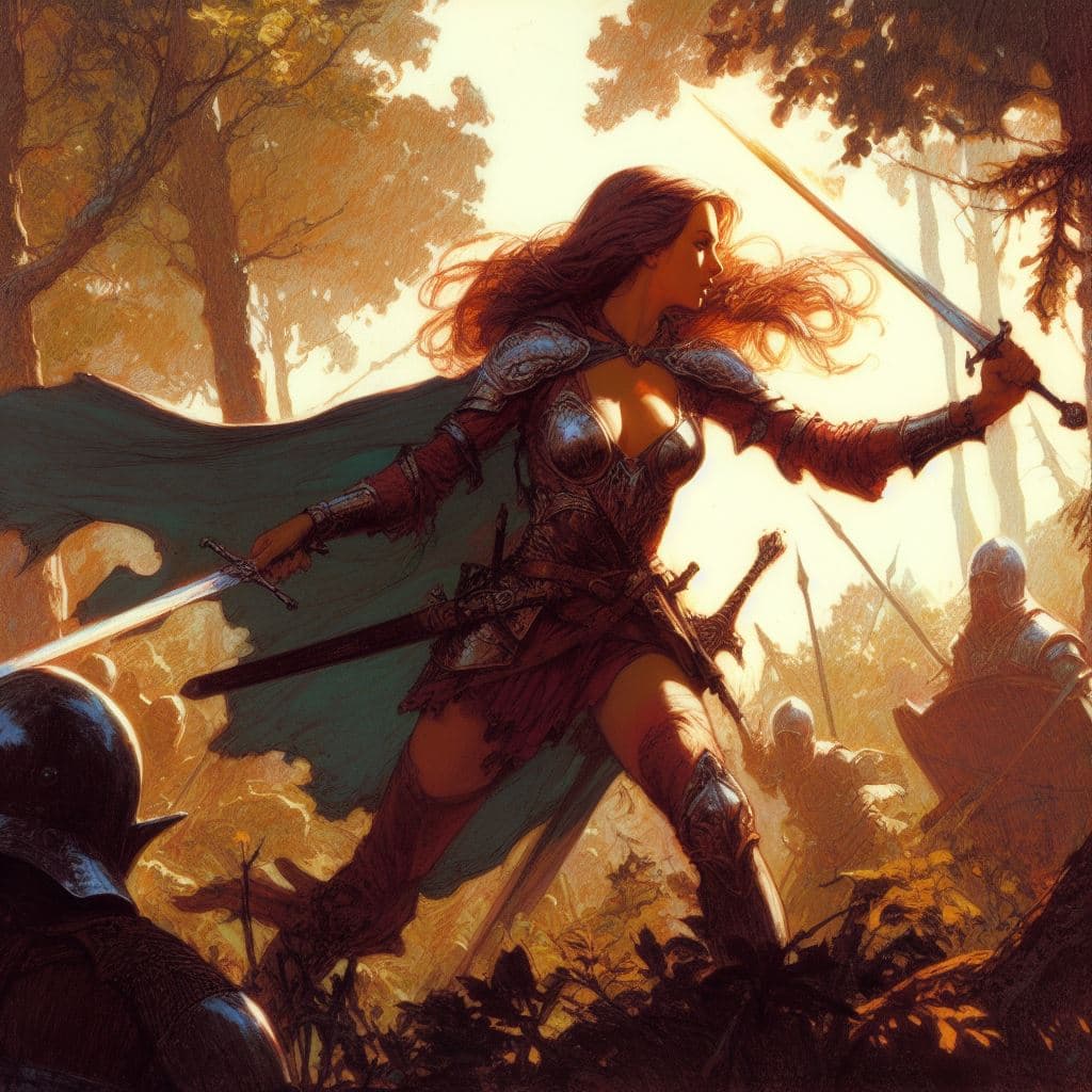 AI generated: square image in the style of frank frazetta, of a beautiful female warrior with sword, bravely facin...