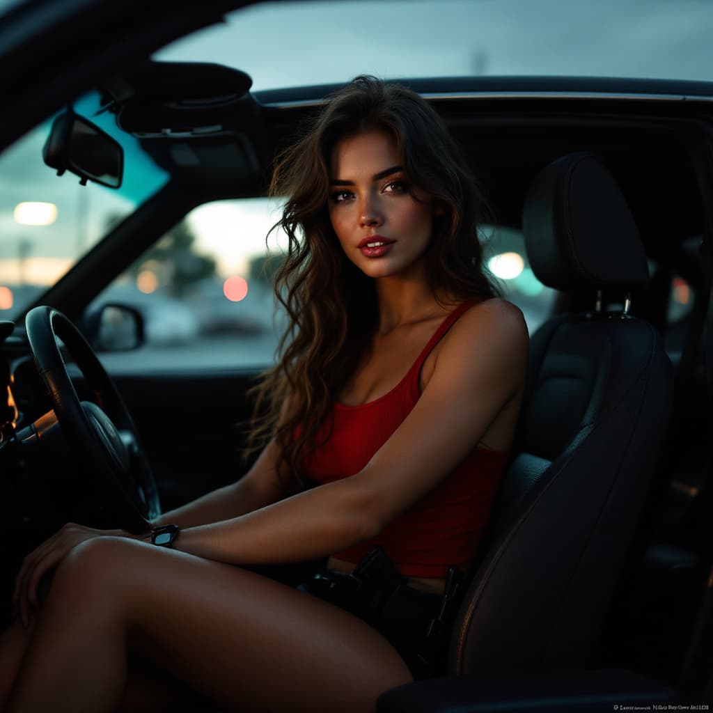 AI generated:  ,full body portrait woman a powerful and dignified portrait ,A woman inside a car as an FBI underco...