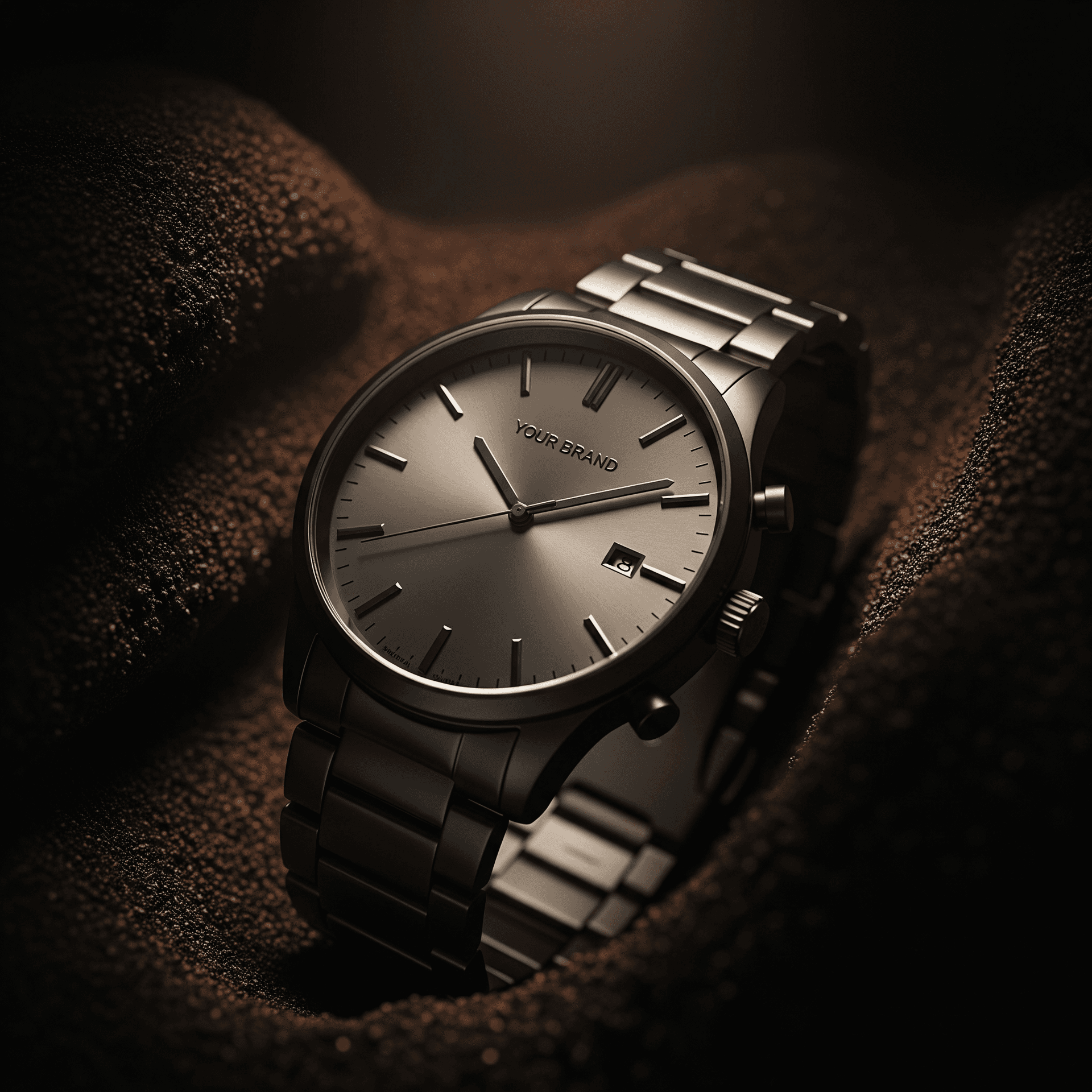 AI generated: A photo of a sleek, modern black metal strap watch nestled within a textured surface. The watch has ...