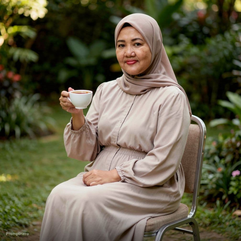 AI generated: An Indonesian woman, beautiful, fair skinned, round face, oval chin, clear eyes, medium height, slig...