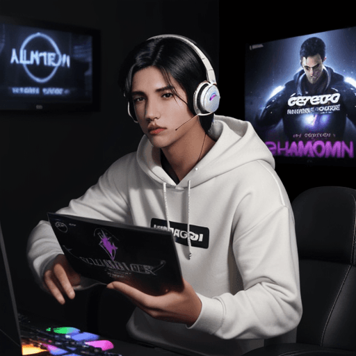 AI generated: A boy with dark black medium length hair with a gradient, with music headphones, and a hoodie, game ...