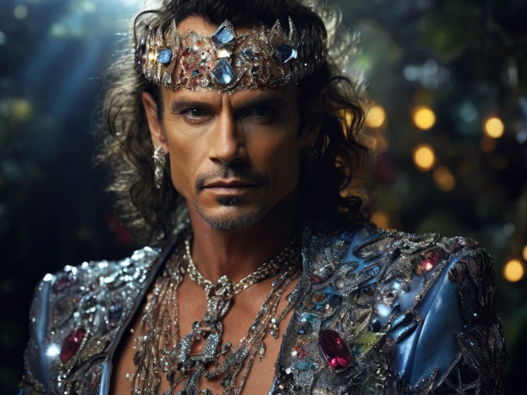 AI generated: “Portrait of a rock star covered in jewel-encrusted clothing, detailed face, magazine, fantasy fores...