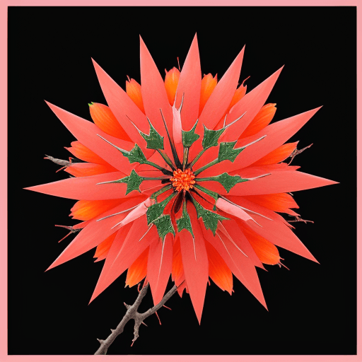 AI generated: Plant branches of multicolored thorns, with a single orange pink flower
