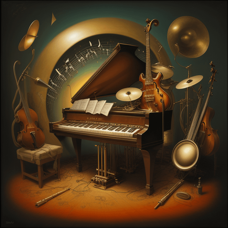 AI generated: music Album cover picture, surreal art, oil picture, music instruments, 