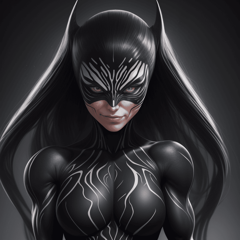 AI generated: 1 bodybuilder woman wearing symbiote with a wide jaw,  young beautiful face, soft face, full body vi...