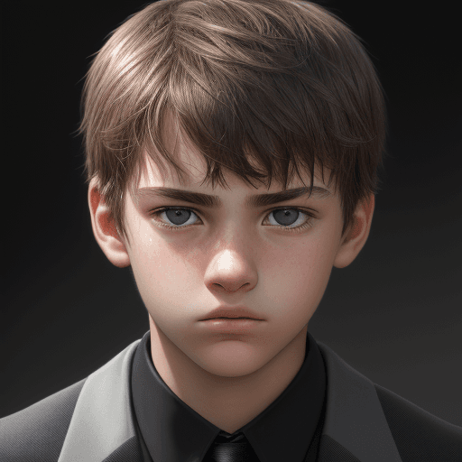 AI generated: 14 year old, realistic, man face, detail shot, suit, profound gaze, photo realistic, background blac...
