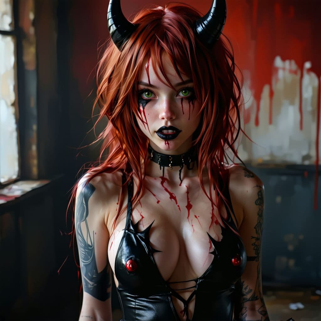 AI generated: HD,1080p,score_9, score_8_up, score_7_up,1girl,solo,sexy,young,mildly goth,teen,((metallic_red_hair)...