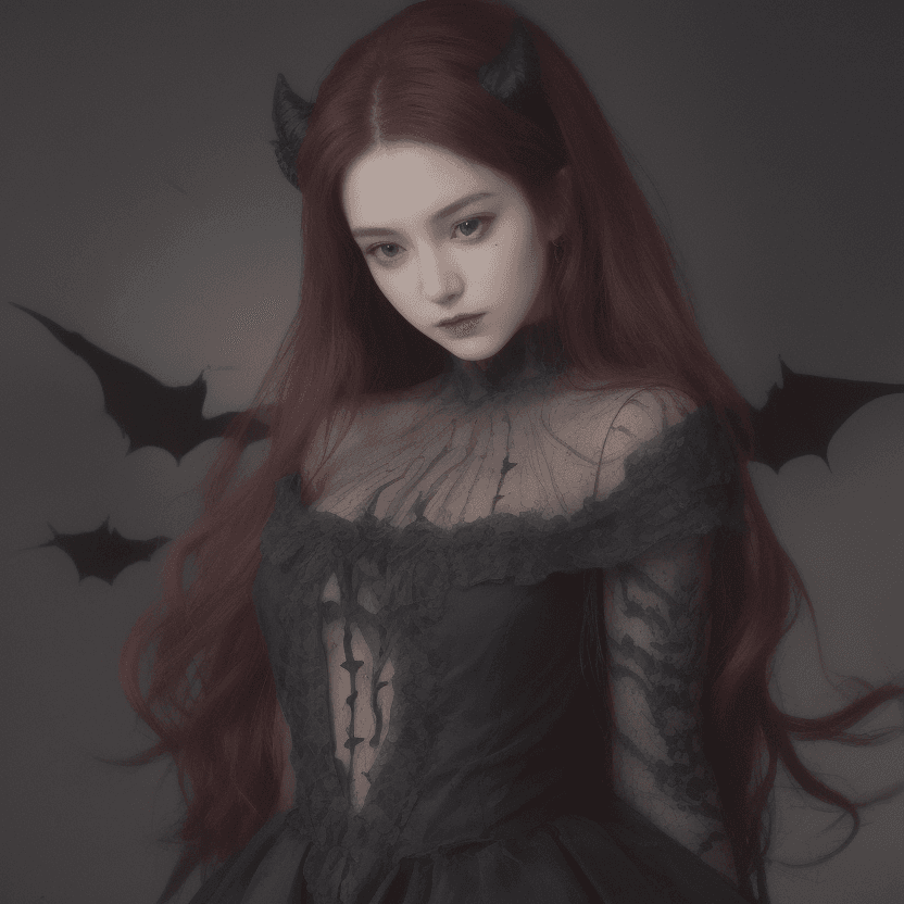 AI generated: a woman with long, crimson hair and horns, wearing a black dress dress, set against a dark, smoky ba...